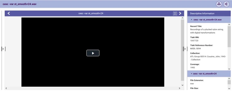 A screenshot of an archival viewing system with metadata on the right side panel and an black box with play button in the middle.