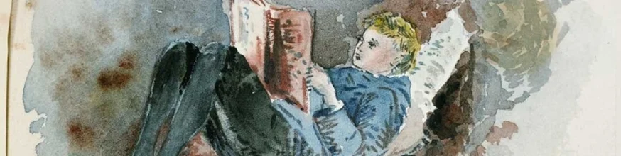 Watercolour painting of a boy reading a book.