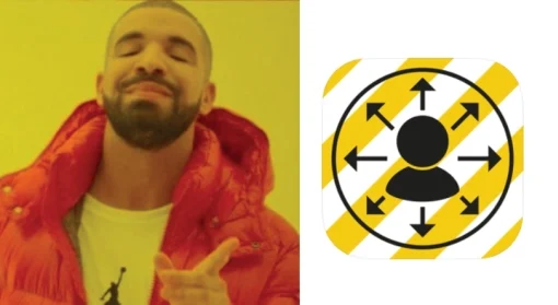 A detail from the Drake Hotline Bling meme showing his preference for the Covid-19 tracer app. 