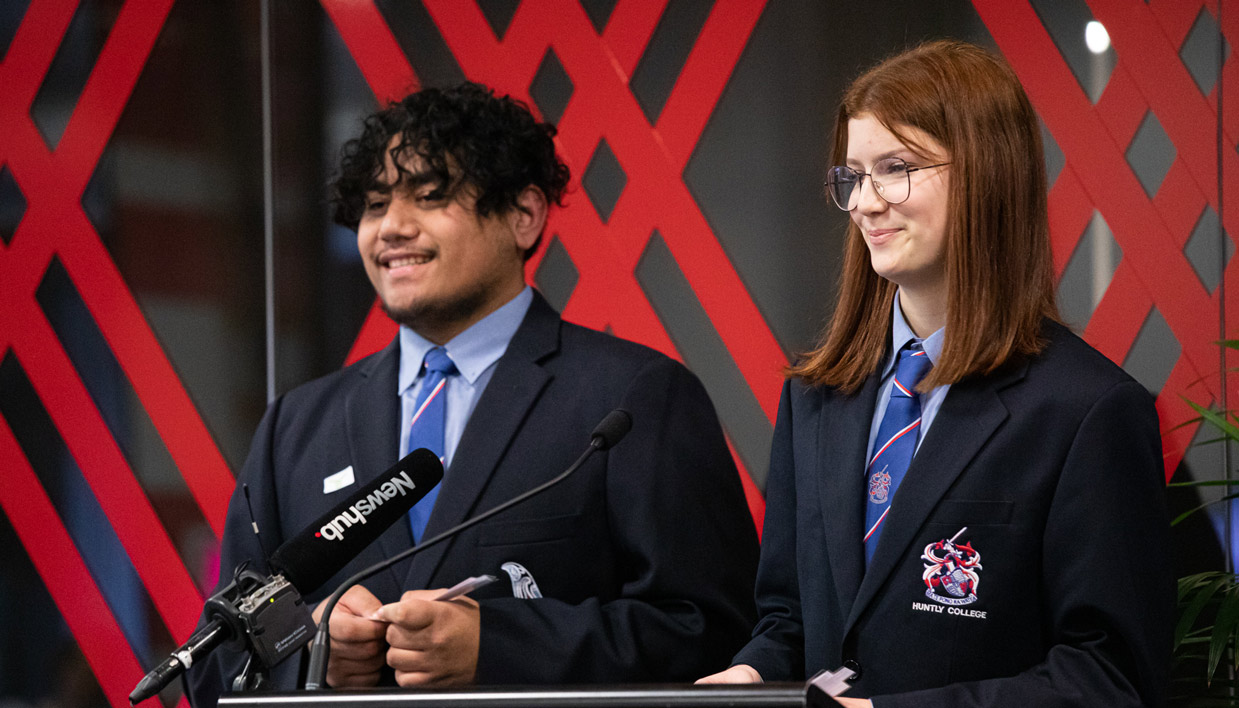 2 Huntly College students speaking at the Celebration of Reading Event.