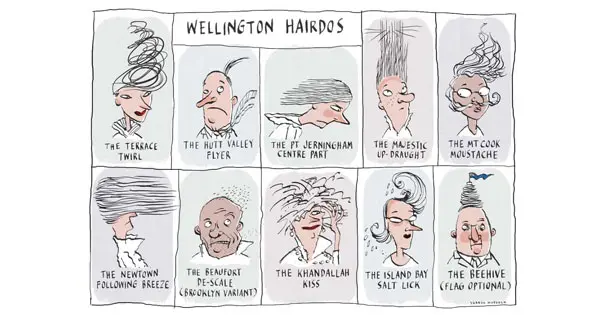 Comic titled Wellington hairdoos. Shows 10 wind-blown people. 