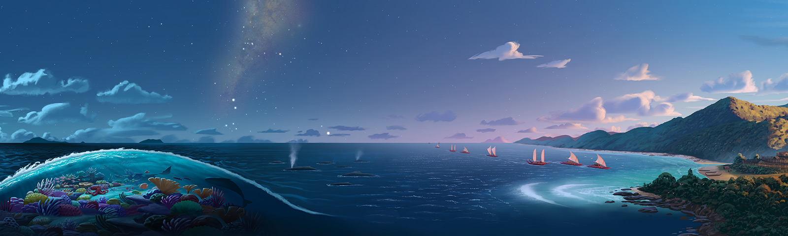 Colour artwork of the Pacific Ocean, showing the stars, clouds, an underwater scene, and a fleet of waka sailing towards the coastline.