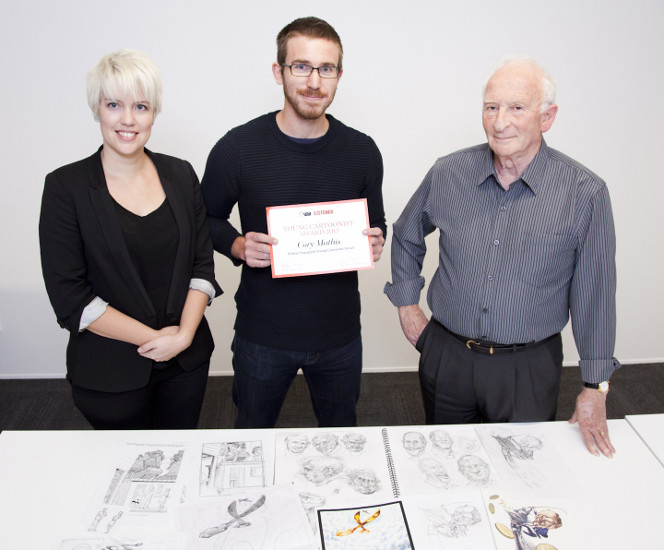 Melinda Johnston, Cory Mathis and Ian F. Grant look over Cory’s working drawings.