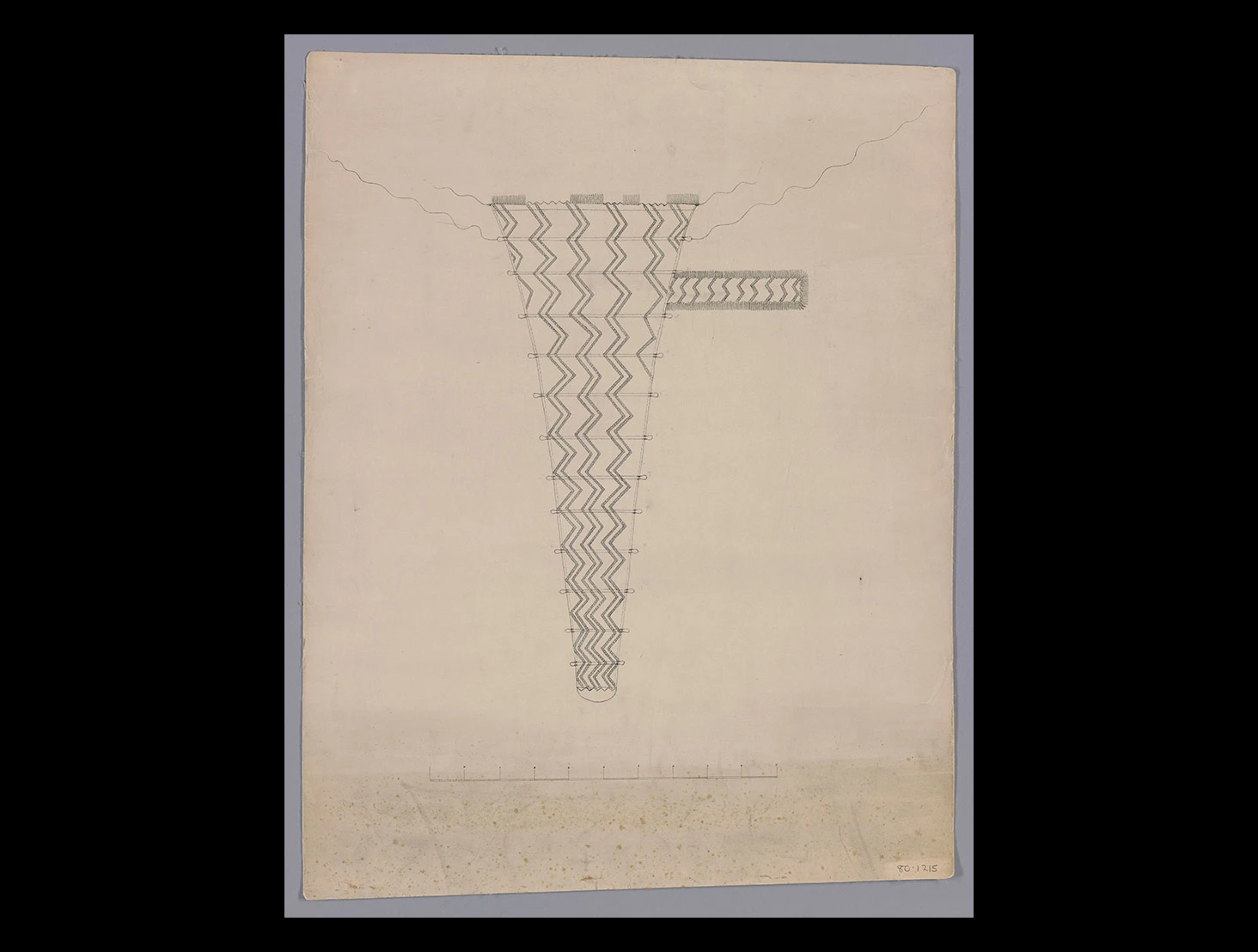 Pencil drawing on paper of a rā (waka sail) made of woven harakeke (flax) in 13 sections. It shows zigzag patterns throughout the sail. A scale is shown at the bottom.