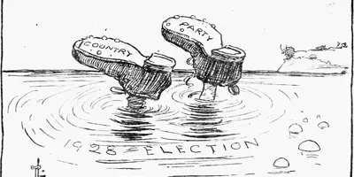 Cartoon titled "A strange disappearance". Shows a man's boots with words "country" and "party" sticking out from the water, The water has the words 1928 election on it.