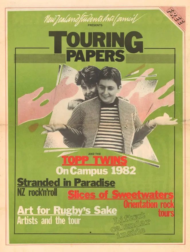 Newspaper ad for the Topp Twins On Campus series of shows, 1982.