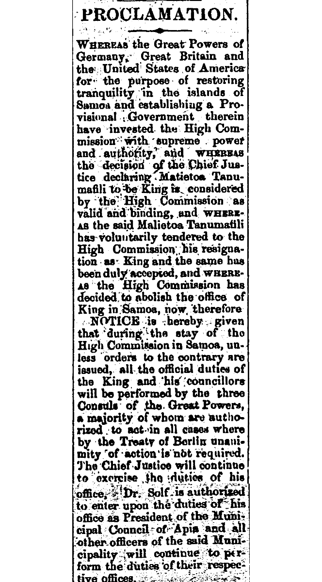 Newspaper article about Germany, Great Britain and the United States of America for the purpose of restoring tranquility in the islands of Samaoa.