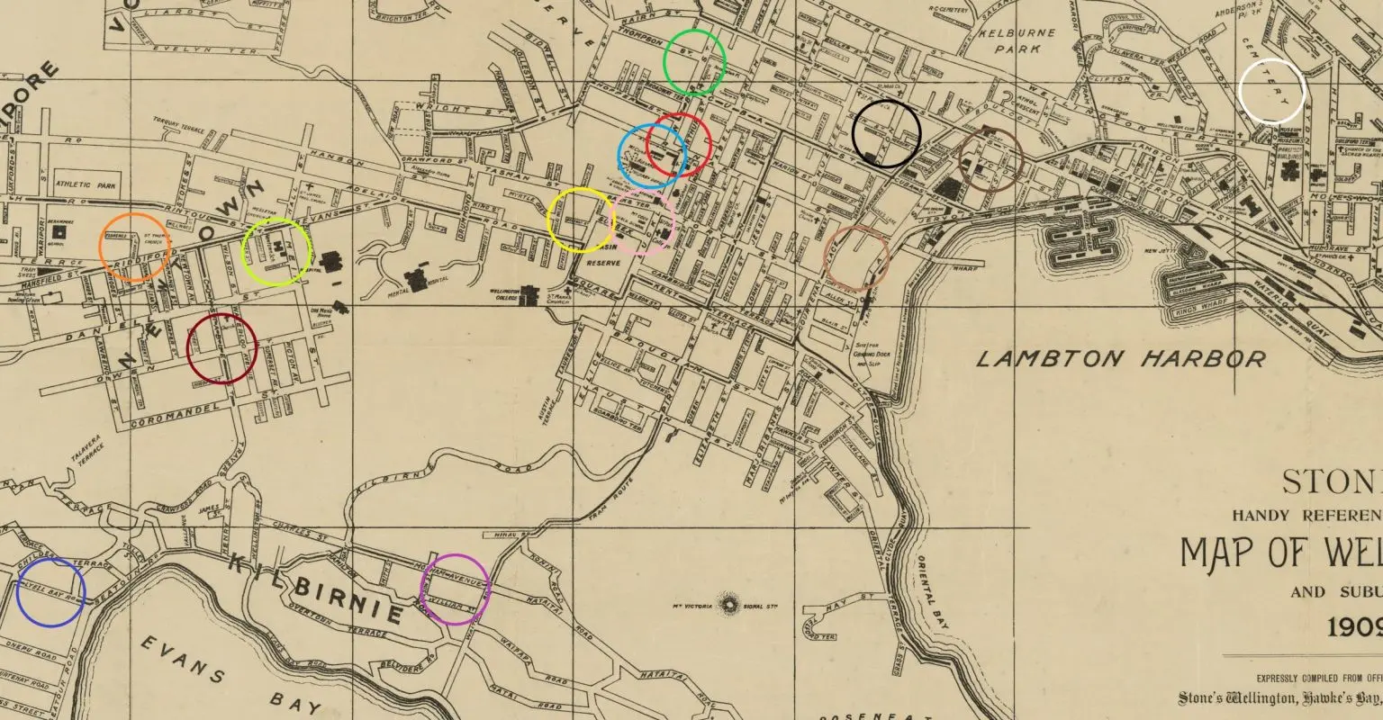 A map of Wellington showing various locations marked by coloured circles.