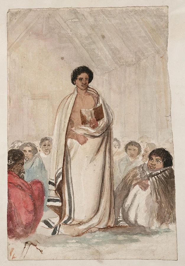Colour illustration of a Māori man standing and holding a Bible. A Māori group is seated around him, listening.