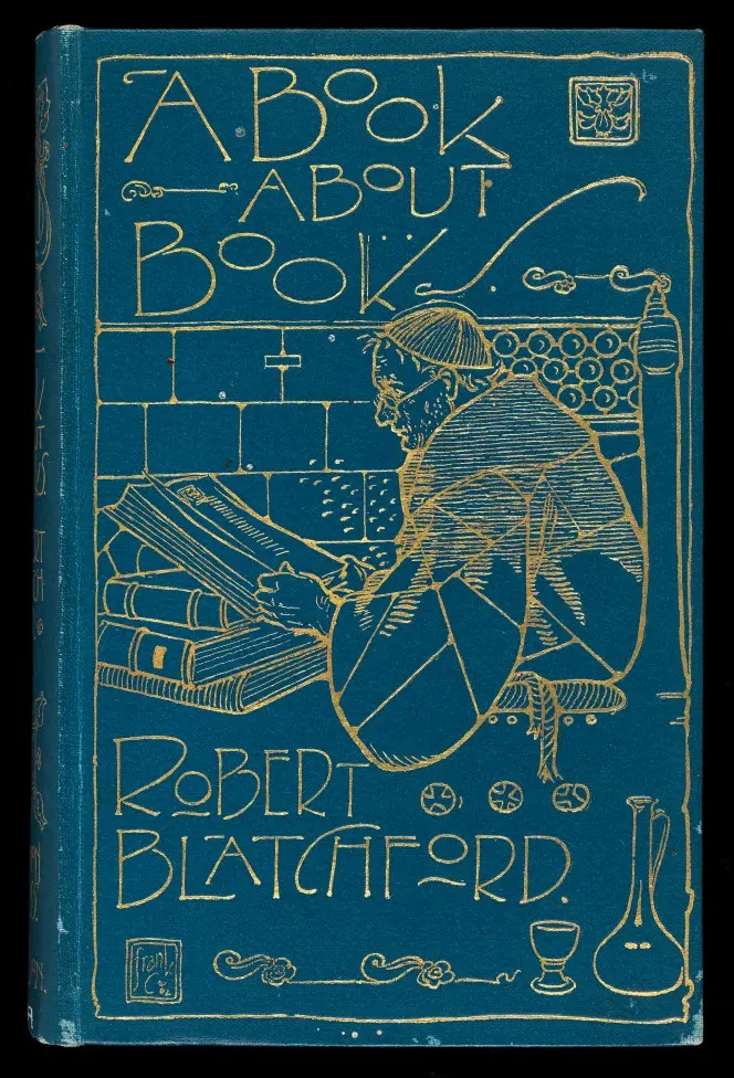 Cover of A Book About Books, by Robert Blatchford, showing an inlaid illustration of a monk at a stack of volumes.