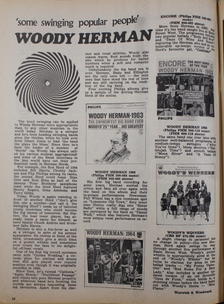 Profile of Woody Herman featuring four album coves and short reviews.