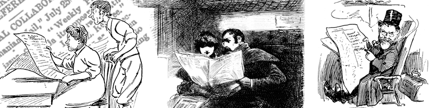 Panel of three drawings from historic newspapers that show people looking at newspapers. 
