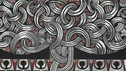 An illustration showing various forms or threads intertwining using red, white and black colours. 