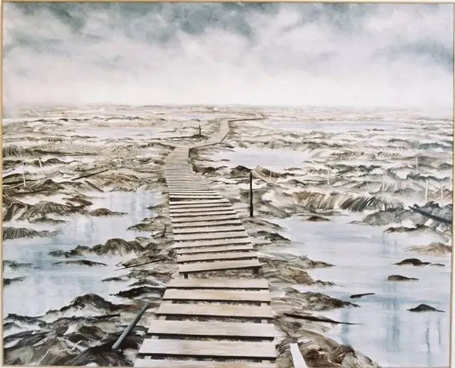A painting by Bob Kerr, showing the duckwalk Mark Briggs was dragged down on the western front.