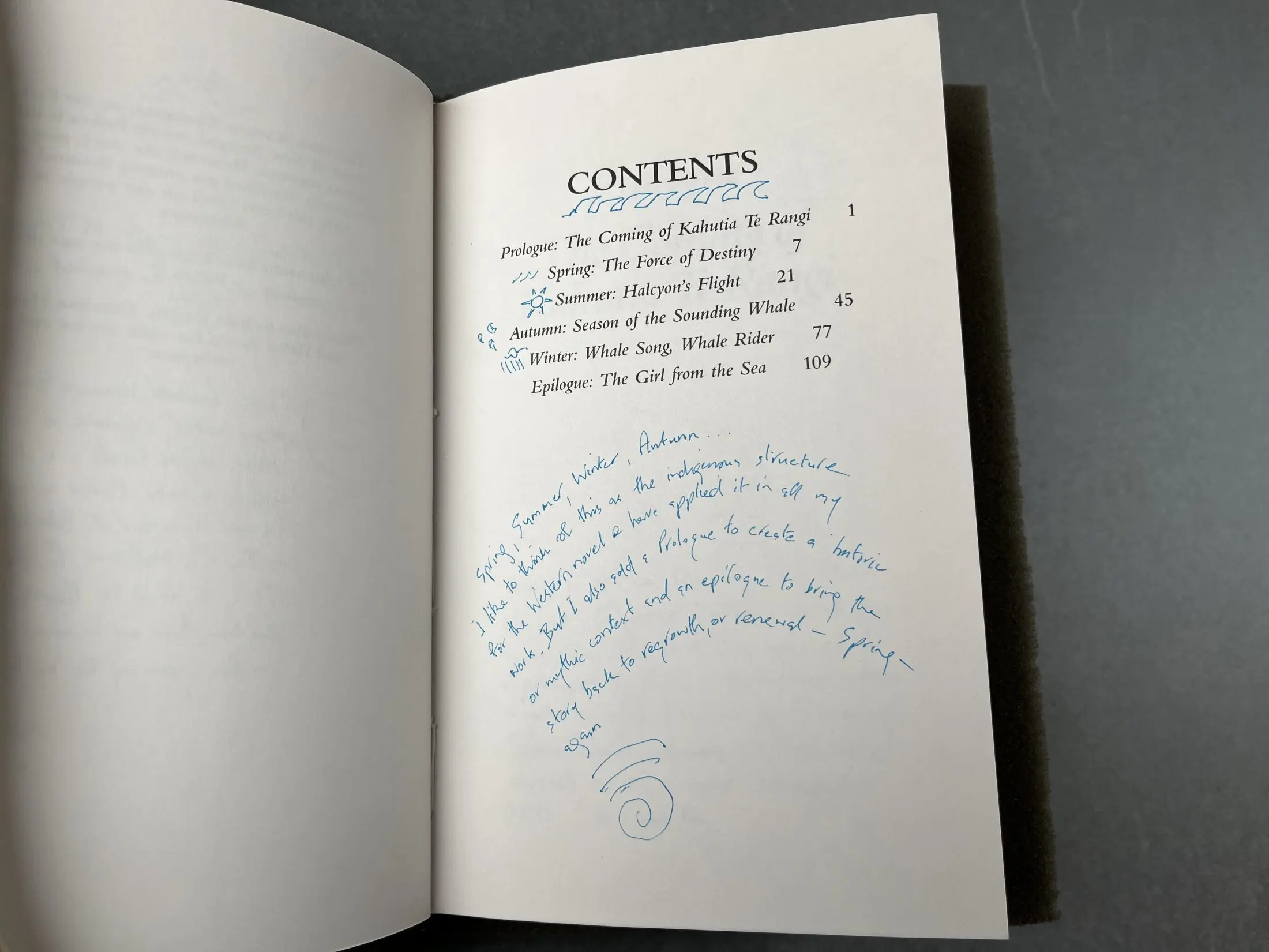 The table of contents page has annotations written in blue ink, the paragaraph's lines are curved and there are little shapes drawn next to each chapter heading. 