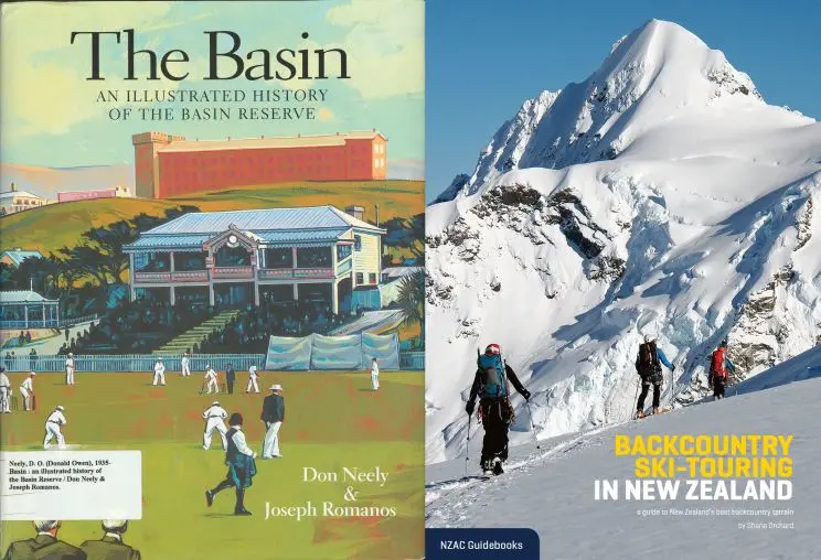 Two side-by-side images of book covers, including one that uses a painting of a cricket match at the Basin Reserve and another that shows backcountry skiers high in the snowy mountains cross-country skiing.