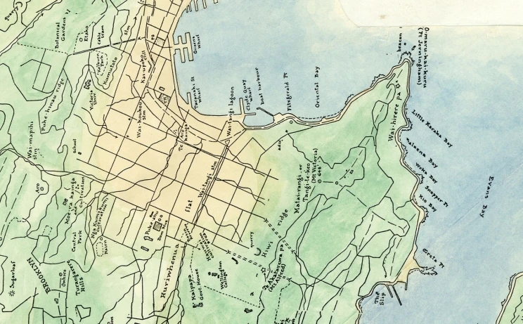 A close-up crop of the same map featured above showing Māori place names of central Wellington.