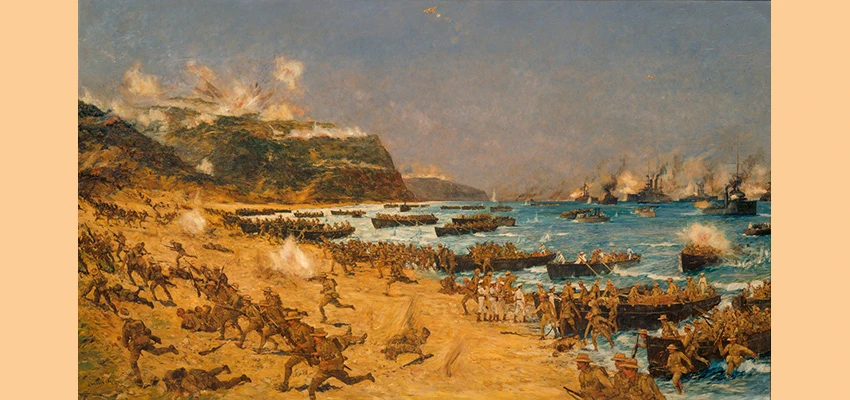 Painting of NZ troops landing at Anzac Cove from rowing boats and ships moored offshore amid artillery explosions