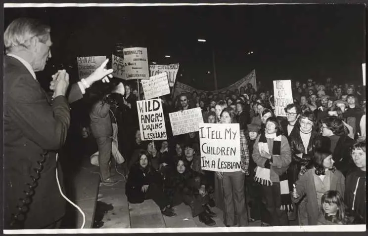 MP Gerald Wall addressing Homosexual Law Reform Supporters, Wellington, 1977.