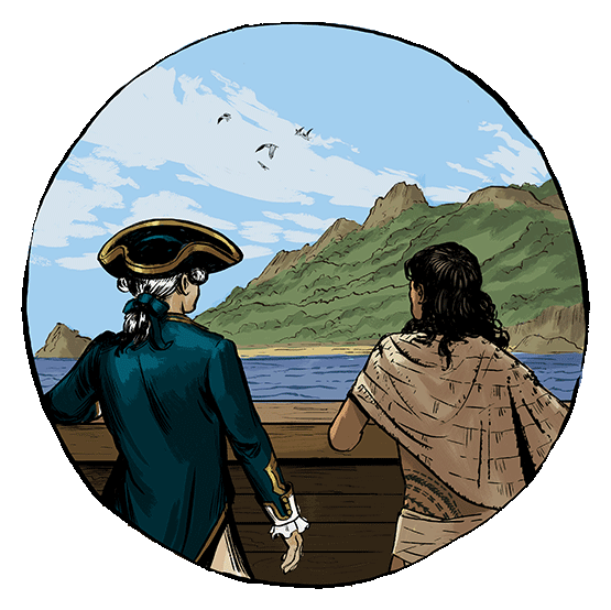 Colour illustration of Tupaia and James Cook looking at the coast from their ship.
