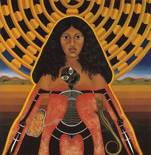 Magnificent drawing of a Māori woman with a large round light behind her and surrounding her body. She has a baby and lizard on her cloak and a carved face in the centre of her chest.