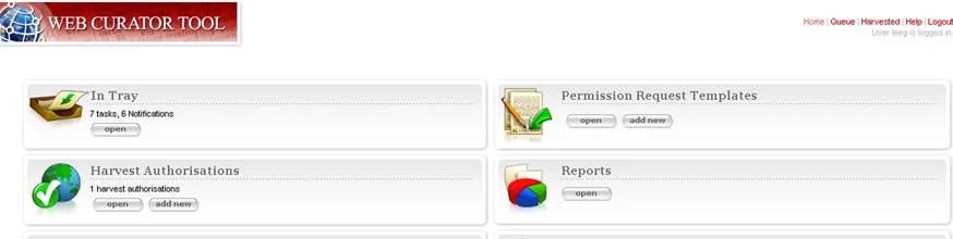 Screenshot of the Web Curator Tool, includes in tray, harvest authorisations, permission request templates, reports.