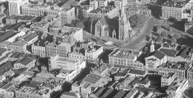 Christchurch City, Canterbury Region, including Cathedral Square, April 1947.