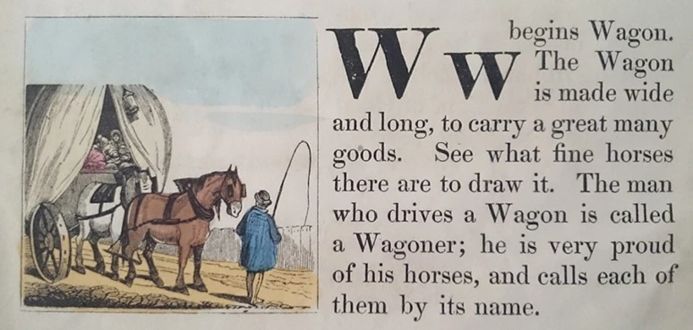 Cropped page of a book showing text alongside an illustration of a man standing with a horse-drawn wagon.