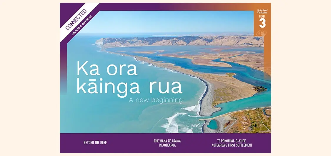 Feature image for 'Ka ora kāinga rua | A new beginning — 'Connected' Culture & Histories', The New Zealand Curriculum Level 3. Shows an aerial photo looking down on the Wairau Bar.