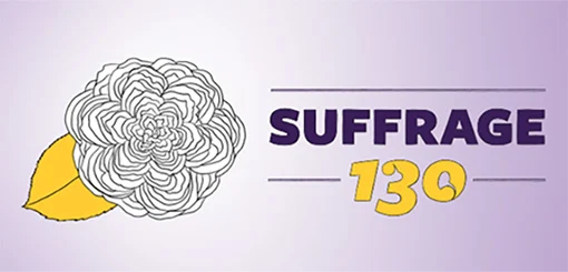Illustration of a white flower with a yellow leaf and the text 'Suffrage 130' on a light purple background.