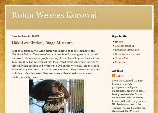 Screenshot of the Robin weaves korowai site, showing the start of a blog post and a photo of a woman in a traditional cloak at the Hākui exhibition.