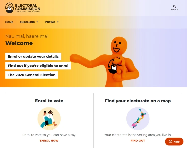 A screenshot of a front page of a website with bright colours and a smiling, orange character holding a puppy and putting a friendly face on the Electoral Commission homepage.