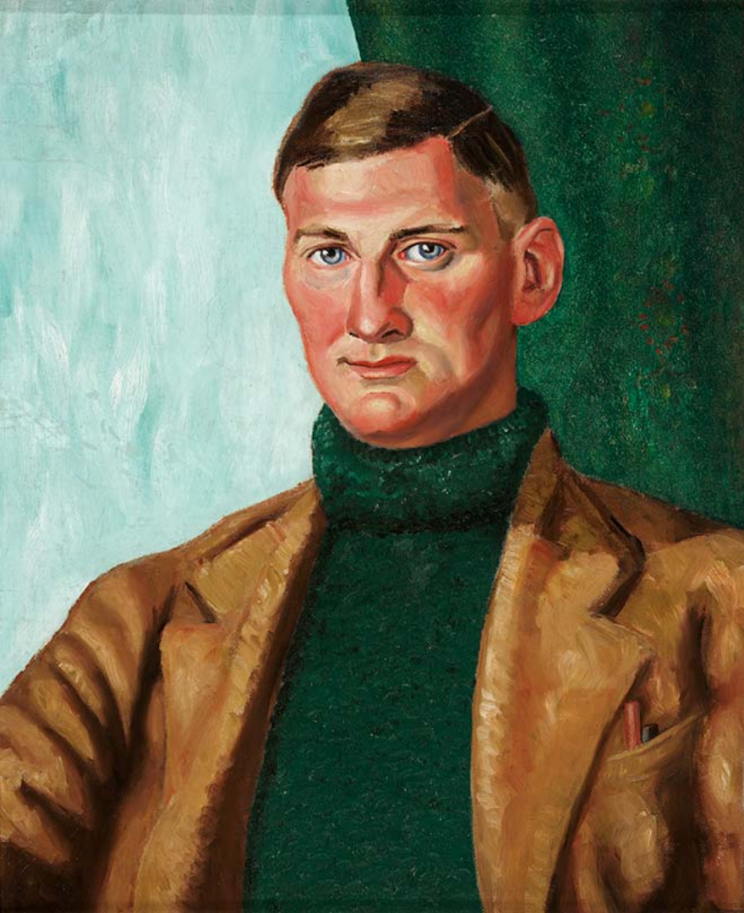 Shows a head and shoulders portrait, three-quarter view, of Christchurch poet Denis Glover. He is clean-shaven and wears a polo neck green sweater and tan sports jacket.