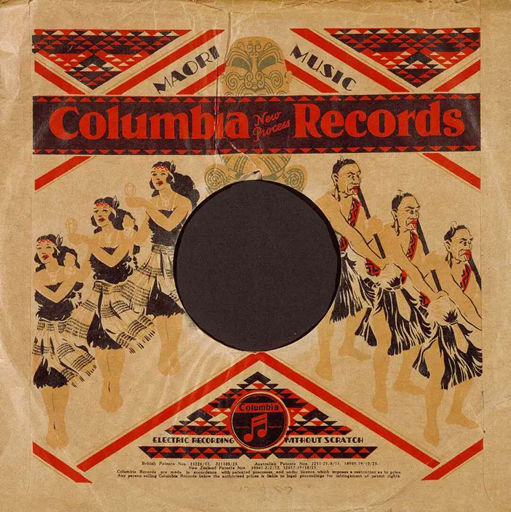Vinyl record cover, words are Māori music Columbia records. Shows a waiata group performing.