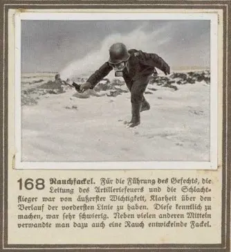 A card with the image of a man wearing a gas mask on and holding a smoke flare. 