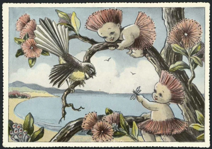 Hutu and Kawa (babies with skirts and headdresses resembling pohutukawa in bloom) play on a flowering pohutukawa with a fantail. There is a beach in the background.