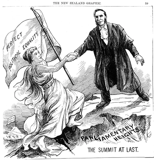 Cartoon of a woman carrying a flag with words "Perfect political equality" being given a hand by a man to reach the top of a summit named Parliamentary Heights.