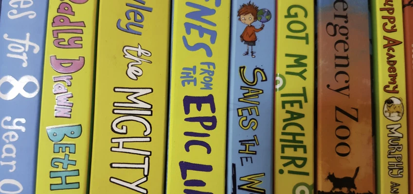 Colourful spine labels on books.