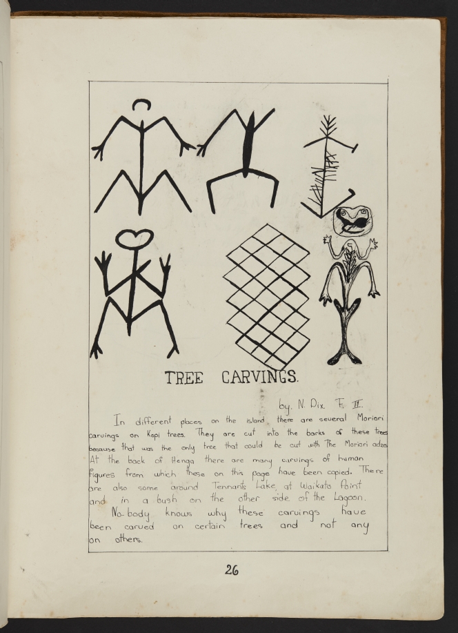 Page about tree carvings, showing drawn reproductions of several.