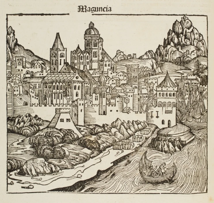 A square image depicting a fortified stone village or large castle along the banks of the river.