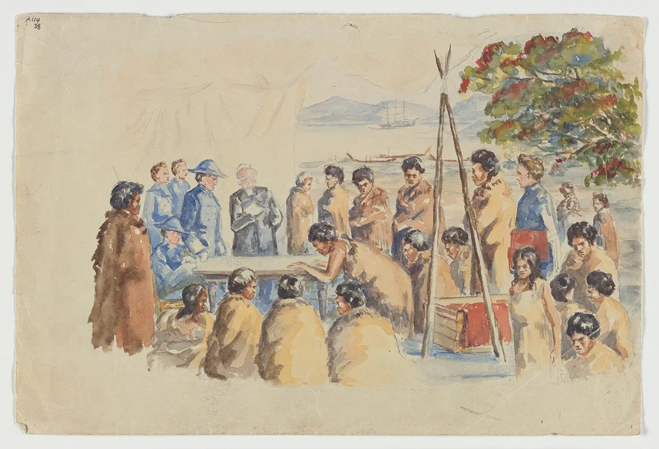 Watercolour painting showing group of Māori and Pākehā standing around a table outside, where a Māori person is signing Te Tiriti o Waitangi | The Treaty of Waitangi. Three waka and a sailing ship are in the background.