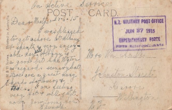 Postcard from Ted, sent from Albany, Australia, 27 June 1915.