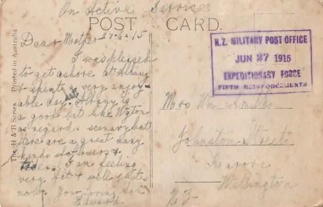 Postcard from Ted, sent from Albany, Australia, 27 June 1915.