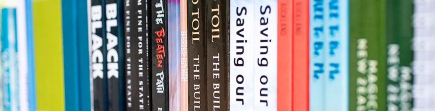 Books on a bookshelf. Two copies of most titles. 