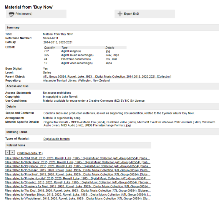 Screenshot of Tiaki database.