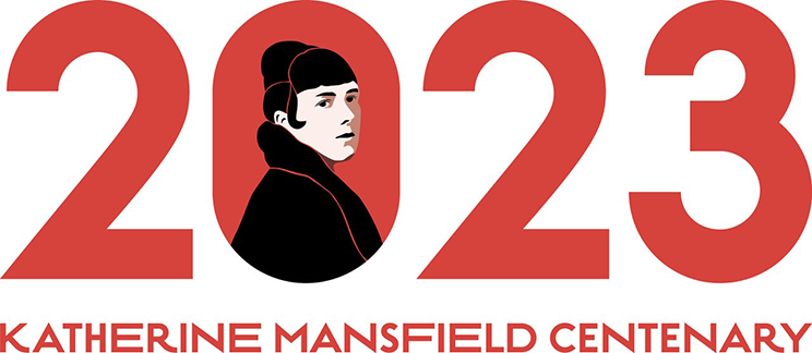 Logo, words 2023, Katherine Mansfield Centenary. Silhouette of a woman in the number 0. 