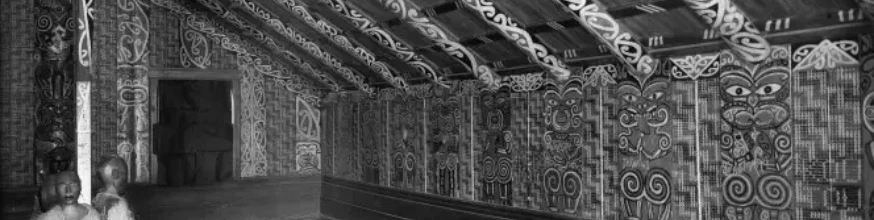 Meeting house interior at Muriwai, Gisborne, showing kowhaiwhai | Māori rafter panels. 