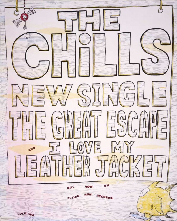 A placard with the words hangs underwater as a yellow goldfish holding a guitar swims at the bottom.