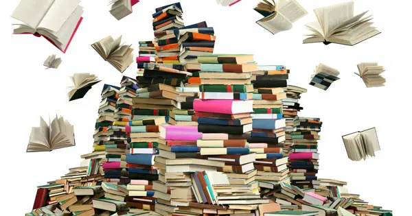 Graphic of a pile of books with a few books open and flying out from the pile.