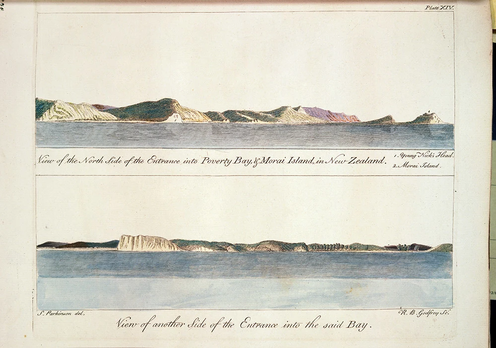 Colour artwork showing two paintings of the Tūranganui-a-Kiwa coastline on the horizon.
